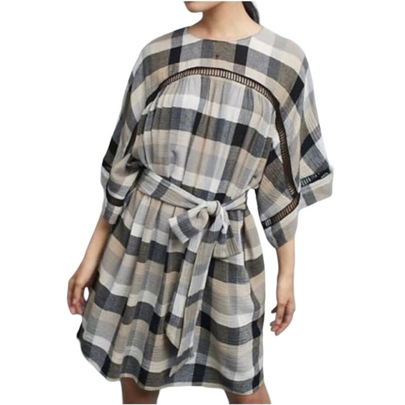 Anthropologie Black Cream Plaid Check Draped Tie Waist Belted Kimono ShirtDress - Picture 1 of 16